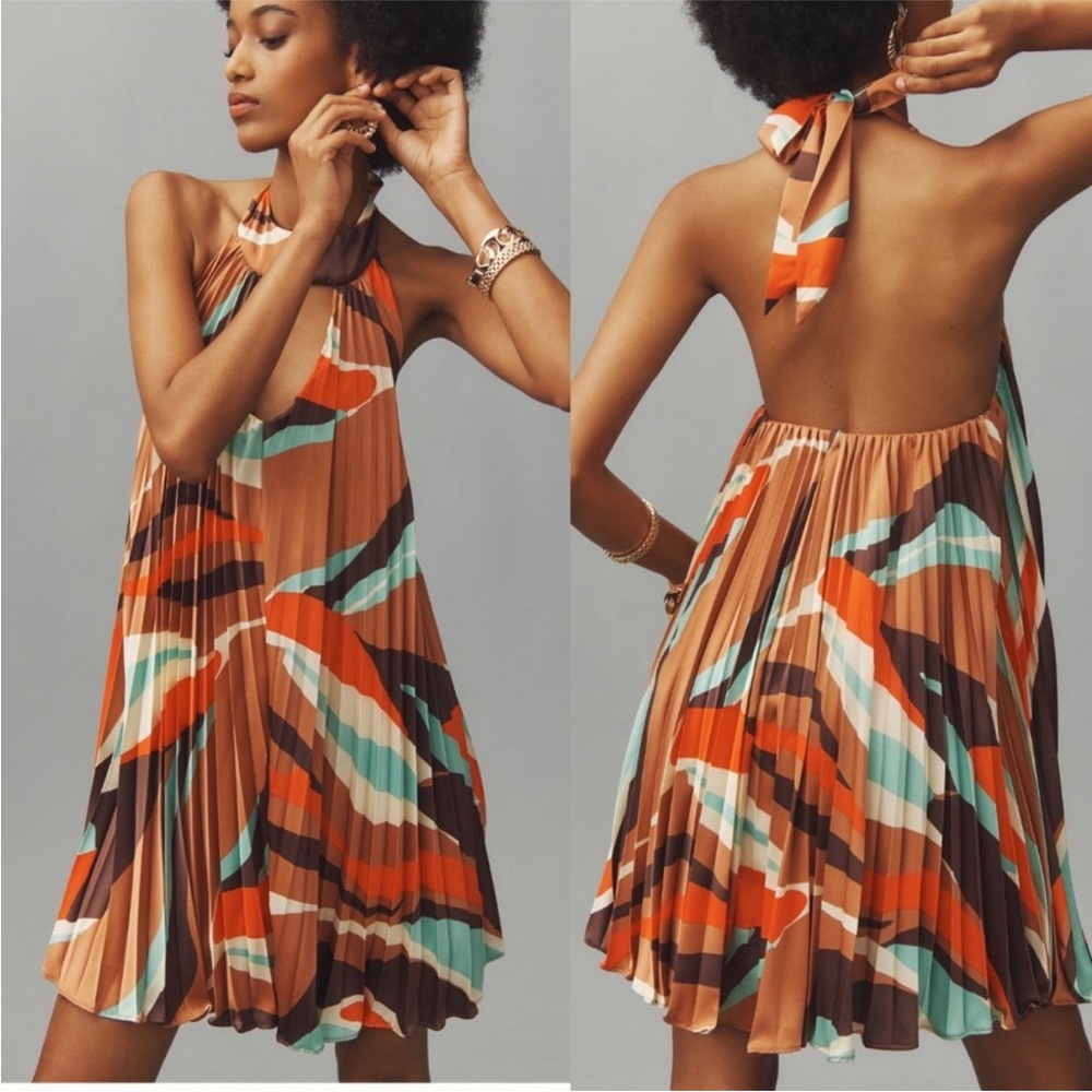 Anthropologie Hutch Halter Pleated Swing Mini Dress Orange Blue Brown M NWT